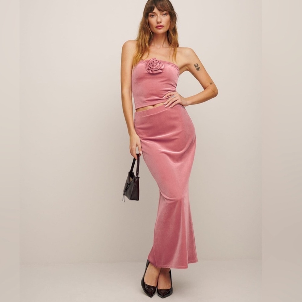 Reformation Adalynn Knit Velvet Two Piece Skirt Set Size Large Rose Top